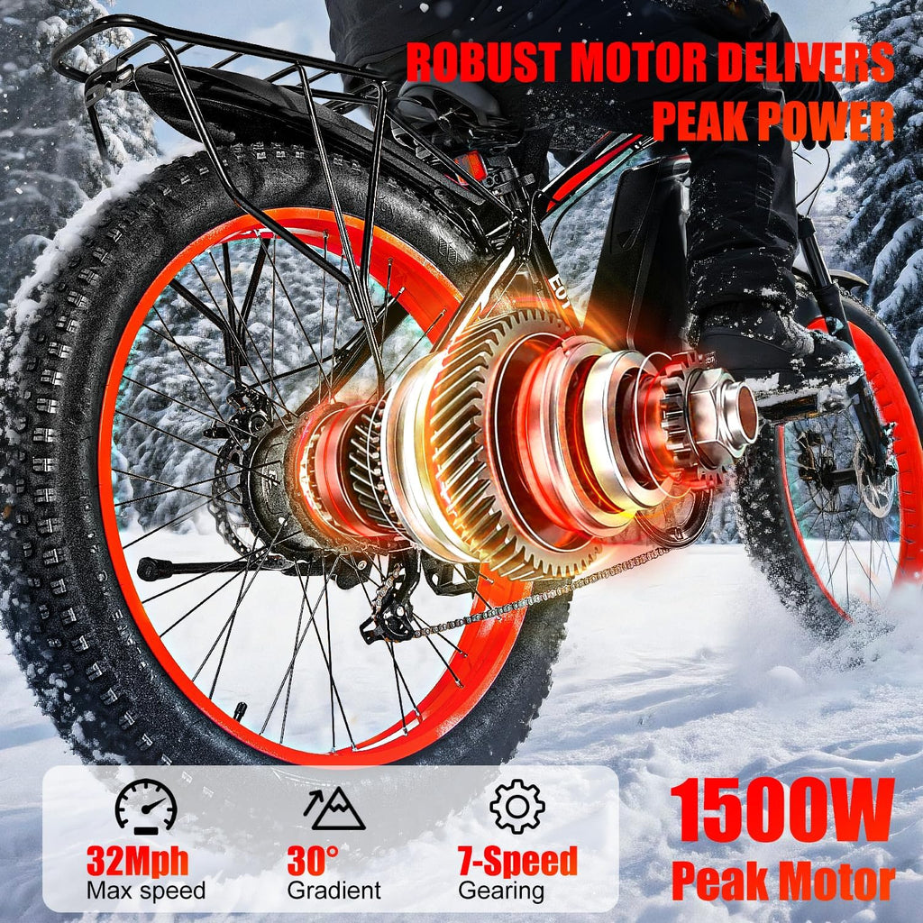 26' Fat tire Electric Bike for Adults,1500W Peak Motor, 60 Miles Range Mountain Ebike,34 MPH Speed,48V 15Ah Removable Battery, Off Road Mountain Commuting for Men,7 Speed