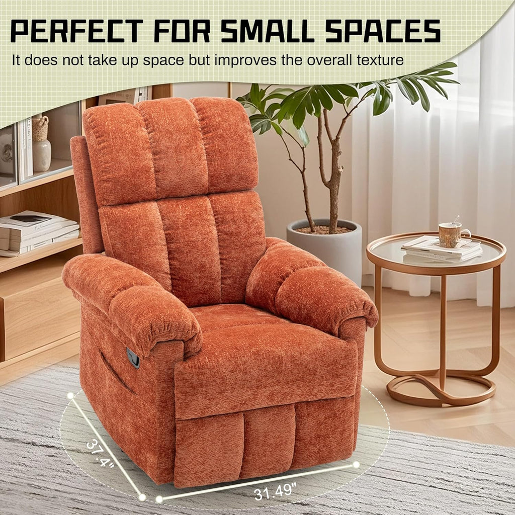 Korser Recliner Chair, Swivel Rocker Recliner Chair for Adults, Small Recliners for Small Spaces, Manual Recliner with Side Pockets, Upholstered Nursery Rocking Chair for Living Room, Chenille, Orange