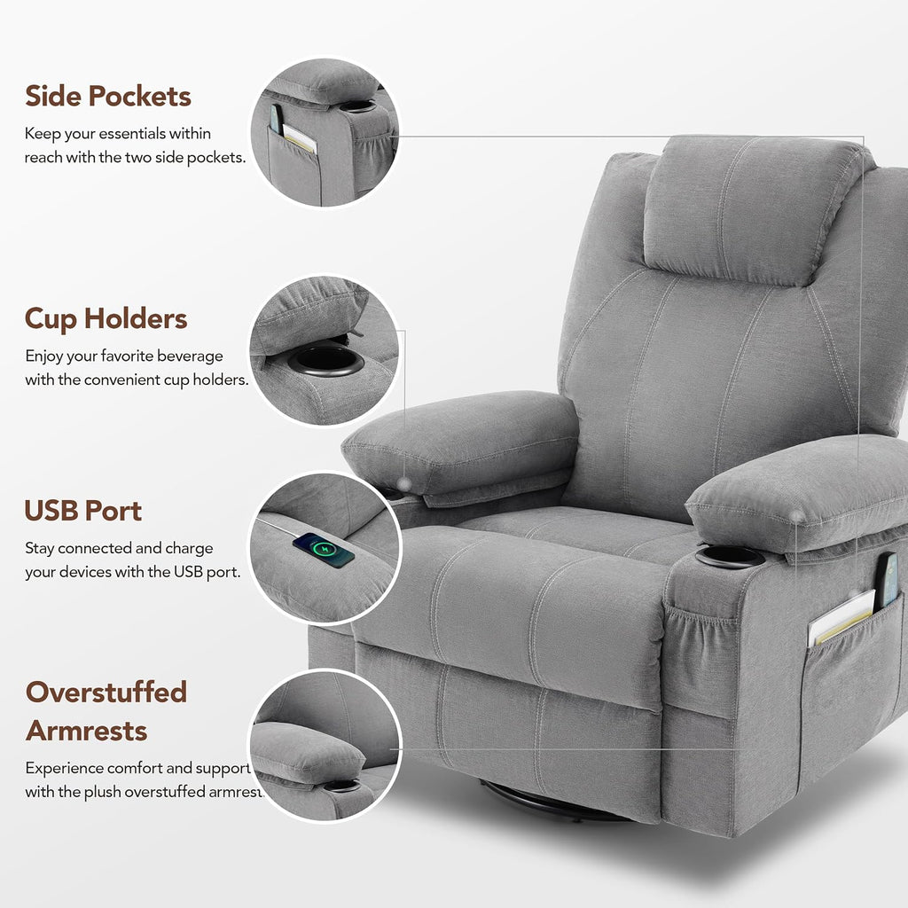 Weture Swivel Rocker Recliner Chair with Heat and Massage, Big Oversized Rocking Single Sofa for Living Room, 360 Degree Swivel Recliner Chair with Cup Holders and USB Port (Fabric, Grey)