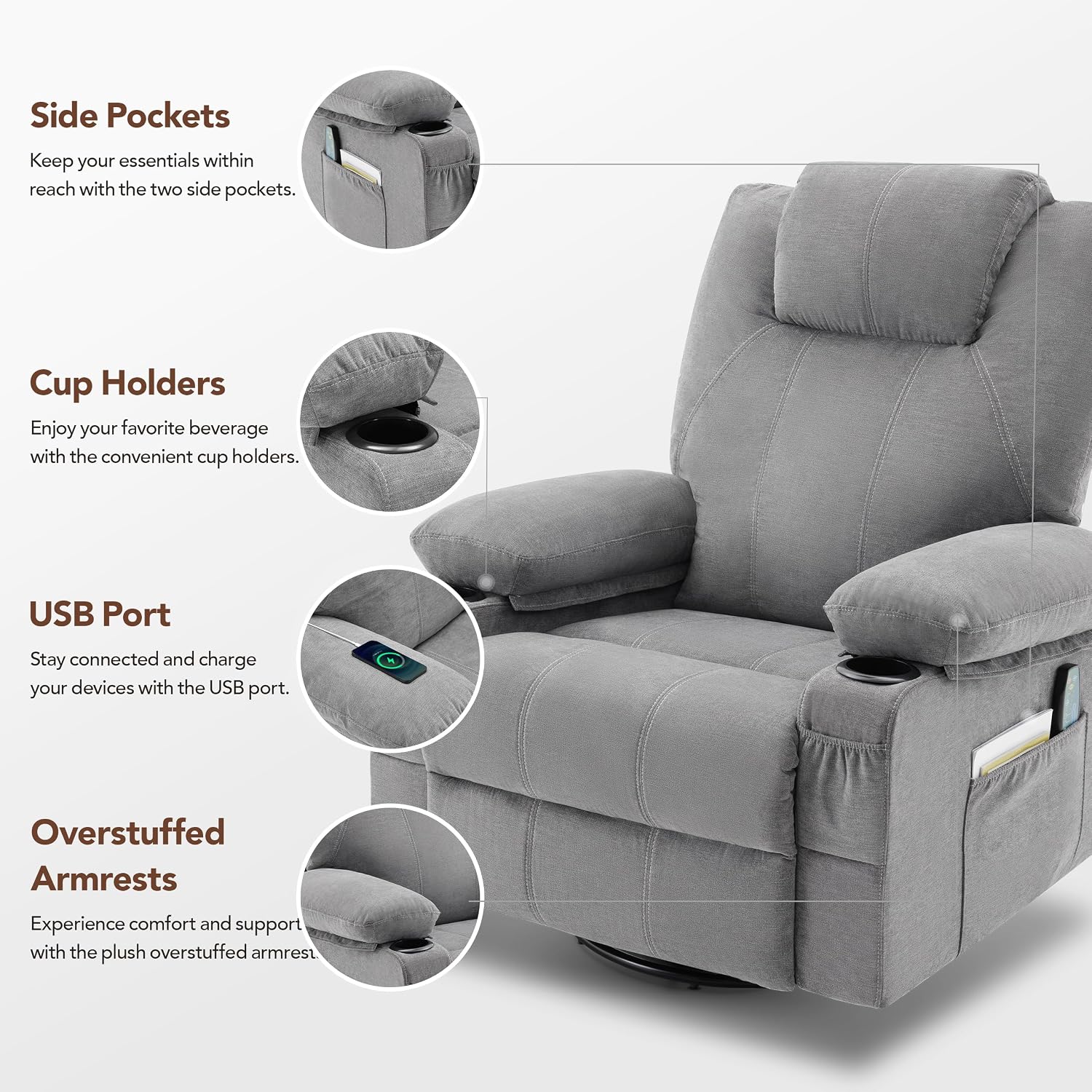 Weture Swivel Rocker Recliner Chair with Heat and Massage, Big Oversized Rocking Single Sofa for Living Room, 360 Degree Swivel Recliner Chair with Cup Holders and USB Port (Fabric, Grey)