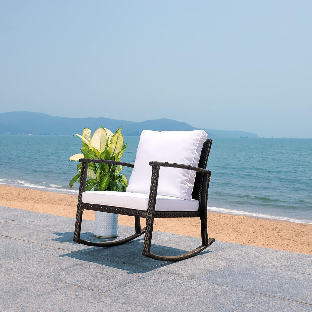 SAFAVIEH Outdoor - Daire Rocking Chair - Black & White - Steel Frame & Faux Rattan with Cushion - Open-Frame Design - Ideal for Patio, Deck, Porch, Backyard, 14.4' Seat Height (PAT7721A)