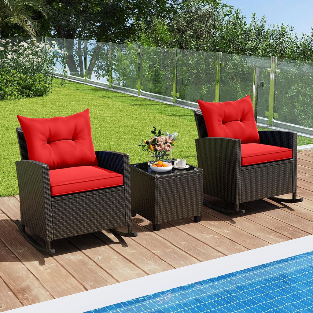 Tangkula 3 Piece Wicker Rocking Set, Patio Rattan Roker Chairs with Tempered Glass Table & Soft Cushions, Outdoor Furniture Set for Backyard, Poolside Porch (Red)