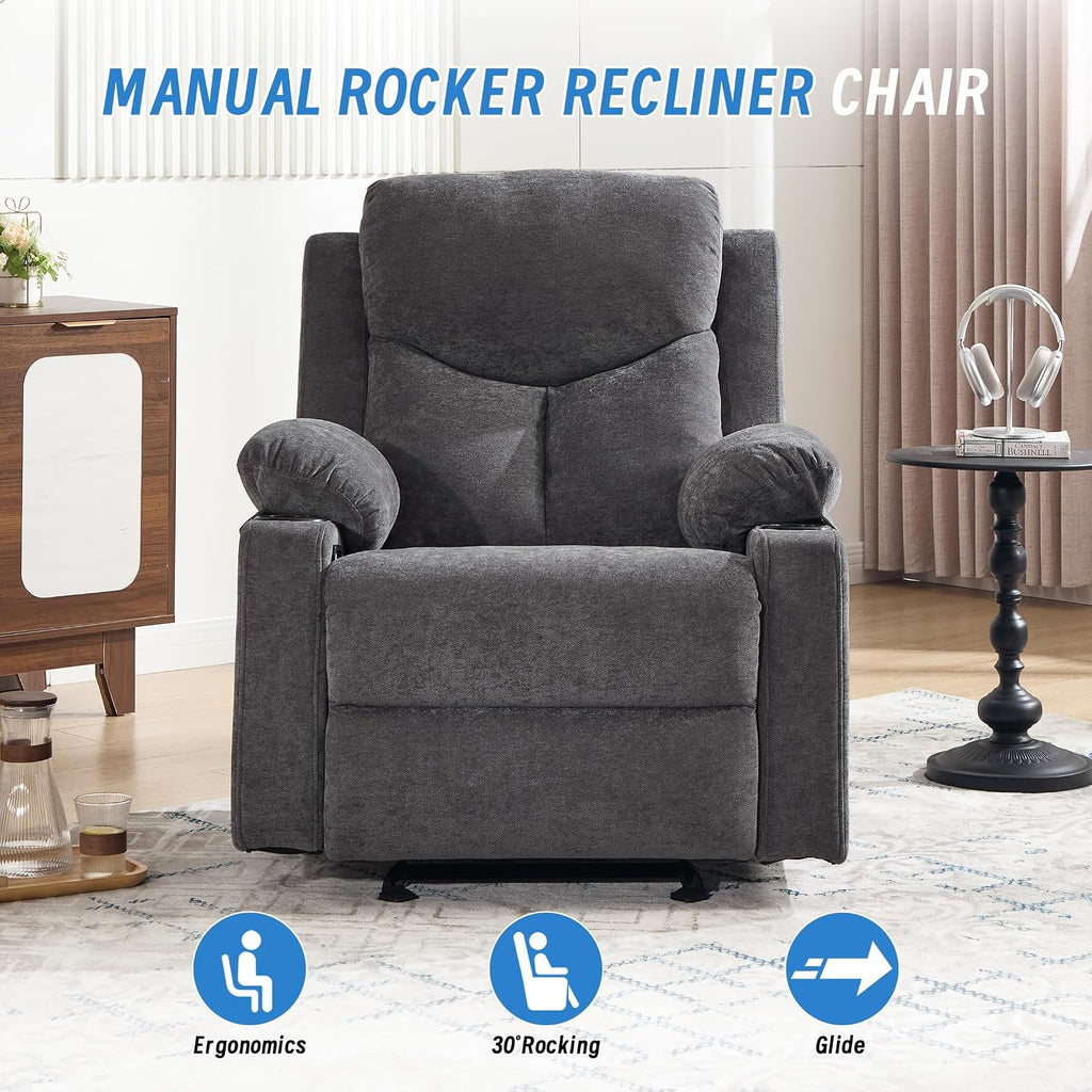 Manual Rocker Recliner Chair for Adults with Vibration Massage,Glider Rocking Recliner for Living Room Bedroom Nursery, Overstuffed Reclining Sofa Chair with Pockets and Cup Holds,Dark Grey