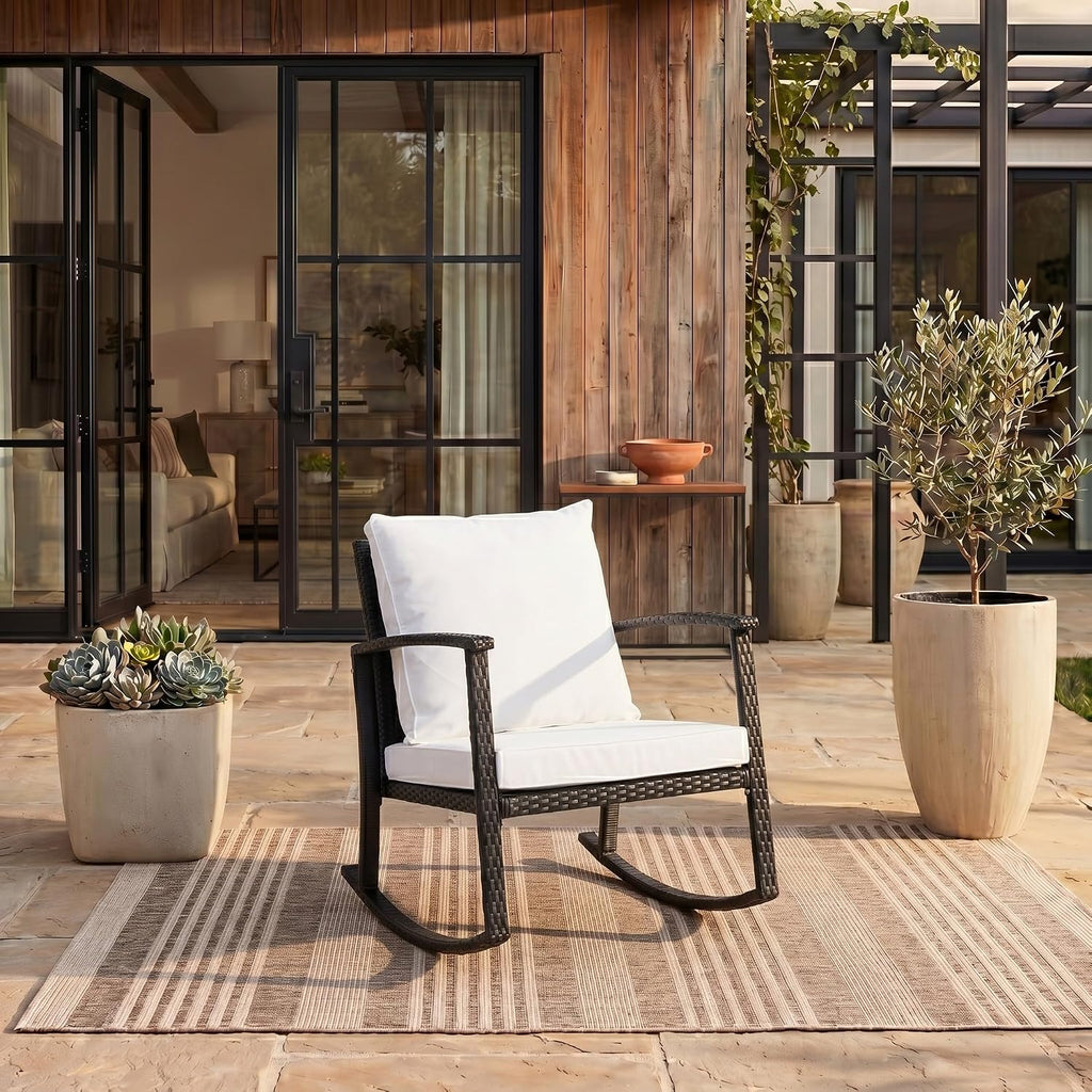 SAFAVIEH Outdoor - Daire Rocking Chair - Black & White - Steel Frame & Faux Rattan with Cushion - Open-Frame Design - Ideal for Patio, Deck, Porch, Backyard, 14.4' Seat Height (PAT7721A)