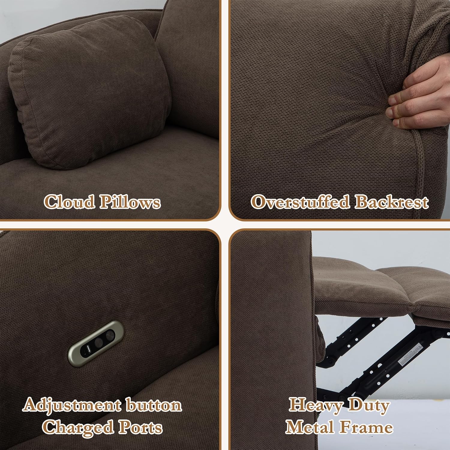 450lbs Oversized Power Recliner Chair for Big and Tall Adults, 52' Extra Wide Electric Recliner with USB & Type-C Ports, Chenille Fabric Single Sofa Chair for Living Room & Bedroom, Brown