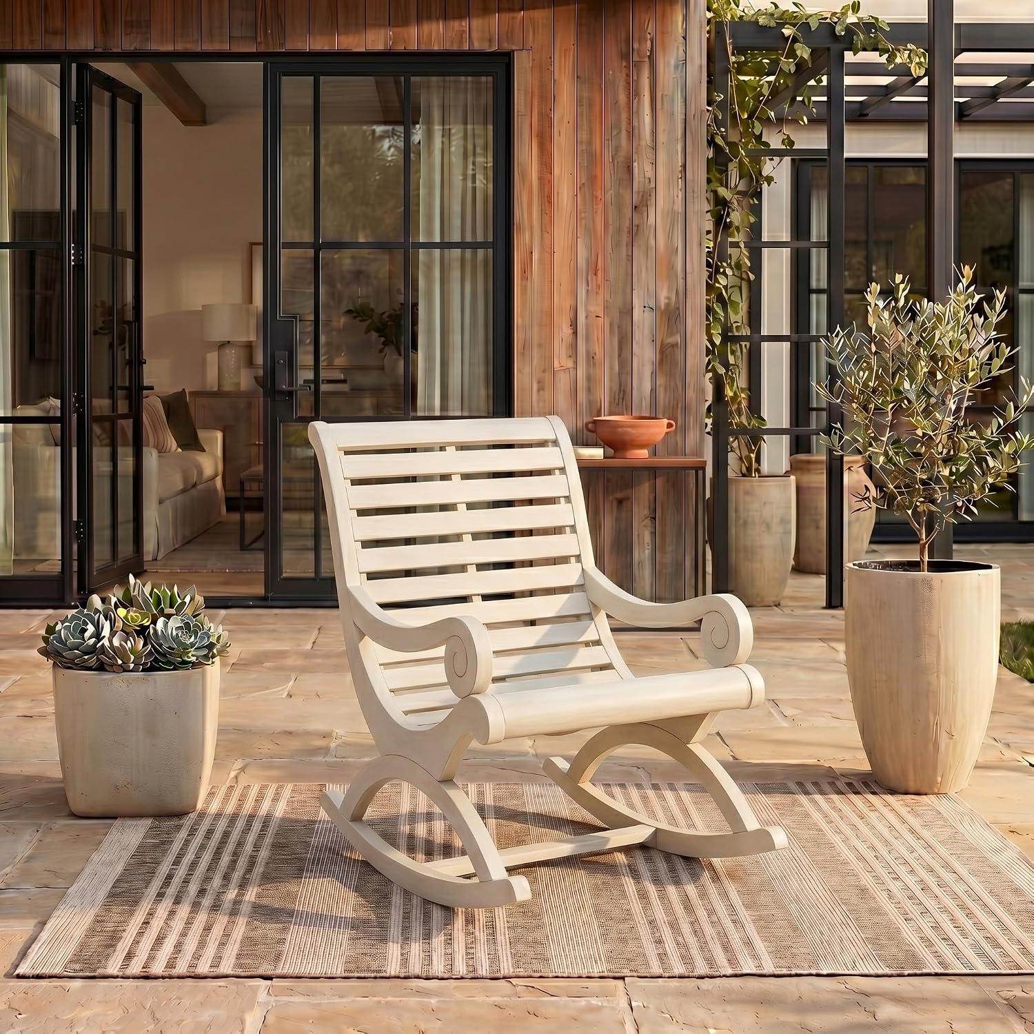 SAFAVIEH Outdoor - Sonora Rocking Chair - White Washed - Solid Wood - Transitional British Slatted Design - Ideal for Patio, Deck, Porch, Backyard, 17.7' Seat Height (PAT7016C)