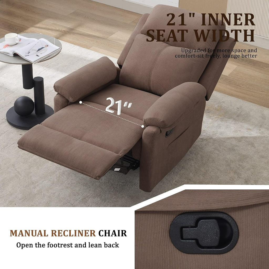 Korser Recliner Chairs, Small Recliners for Small Spaces, Manual Recliner for Adults with Side Pockets, Adjustable Overstuffed Comfy Corduroy Reclining Chair for Living Room, Bedroom, Reading, Brown