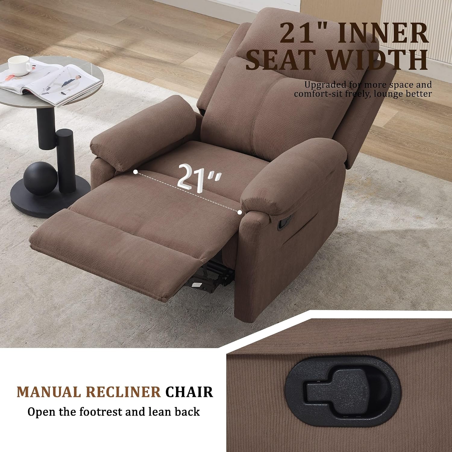 Korser Recliner Chairs, Small Recliners for Small Spaces, Manual Recliner for Adults with Side Pockets, Adjustable Overstuffed Comfy Corduroy Reclining Chair for Living Room, Bedroom, Reading, Brown