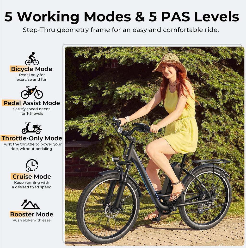Electric Bike for Adults, Peak 1000W Ebike, 50Miles 20MPH UL 2849 Certified Commuter Bike, 26'' City Cruiser Bicycle with 48V Removable Battery, Rear Rack, Adjustable Stem, 7 Speed