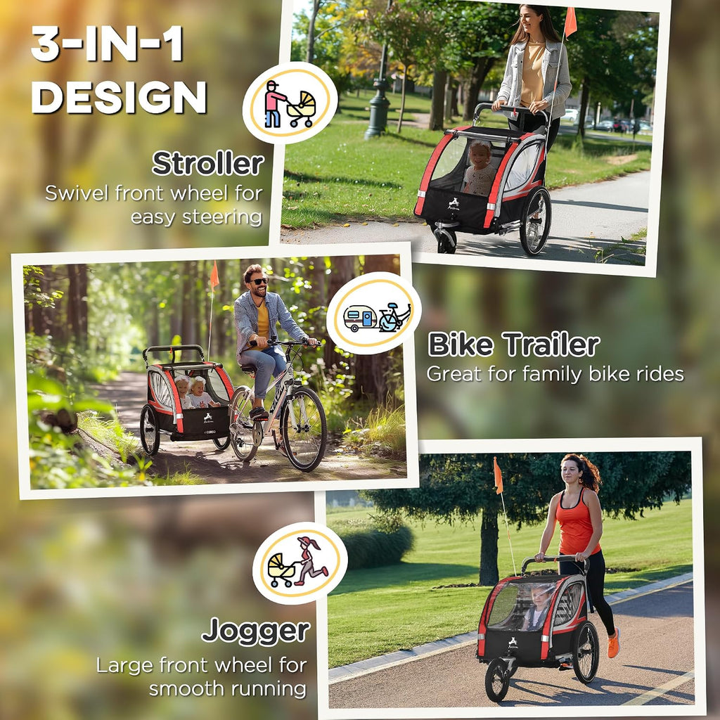 Aosom 3-in-1 Walk/Jog/Ride Child Baby Bike Trailer for Kids 2 Seater, High-Visibility Bike Stroller for Toddler Wagon, Weather-Strong Double Bicycle Trailer Accessory