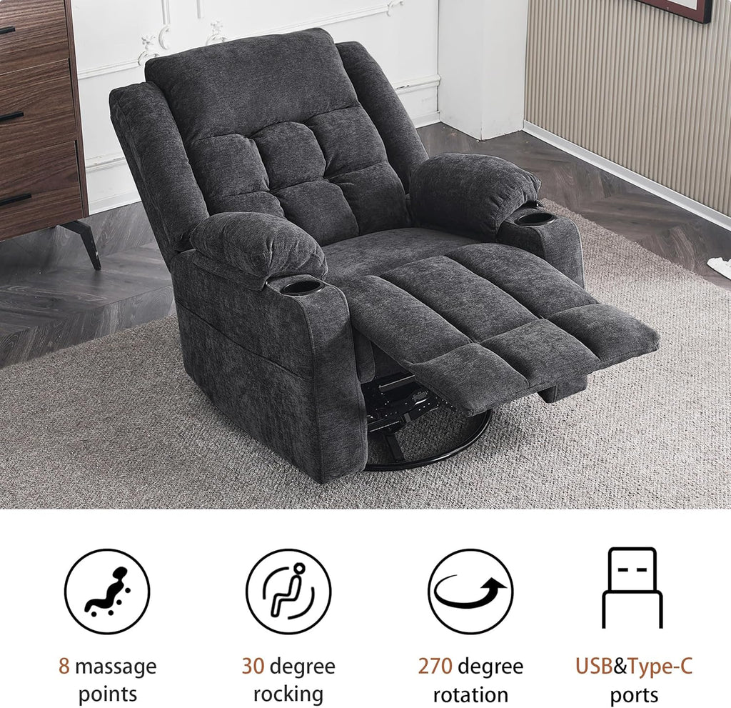 Ketaiyou Power Swivel Rocker Recliner Chair for Adults with Massage and Heat, USB and Type-C Ports, Infinite Position, Electric Glider Reclining Single Sofa Chair for Living Room (Dk Gray)