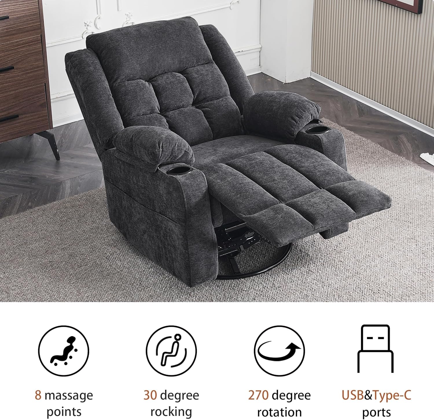 Ketaiyou Power Swivel Rocker Recliner Chair for Adults with Massage and Heat, USB and Type-C Ports, Infinite Position, Electric Glider Reclining Single Sofa Chair for Living Room (Dk Gray)