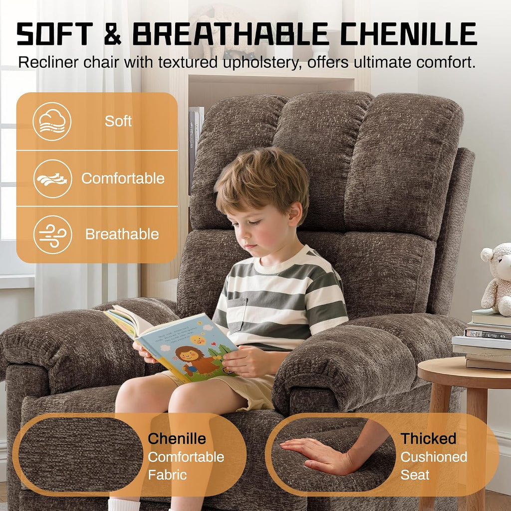 Korser Recliner Chair, Swivel Rocker Recliner Chair for Adults, Small Recliners for Small Spaces, Upholstered Manual Recliner with Side Pockets, Nursery Rocking Chair for Living Room, Chenille, Brown
