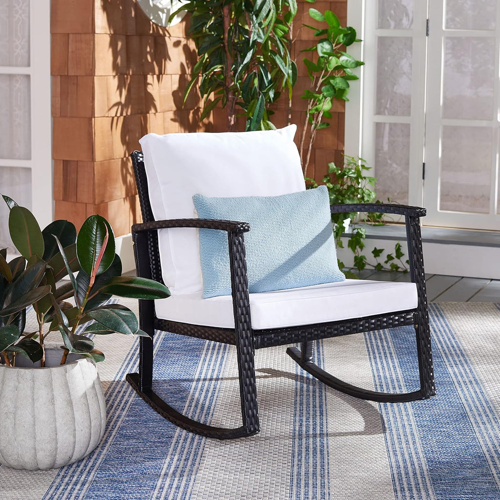 SAFAVIEH Outdoor - Daire Rocking Chair - Black & White - Steel Frame & Faux Rattan with Cushion - Open-Frame Design - Ideal for Patio, Deck, Porch, Backyard, 14.4' Seat Height (PAT7721A)