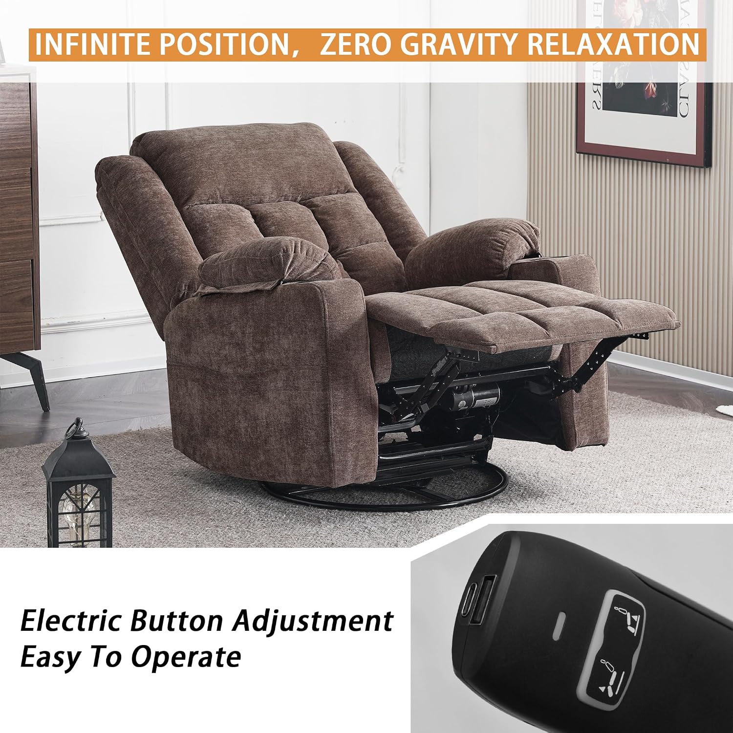 Ketaiyou Power Swivel Rocker Recliner Chair for Adults with Massage and Heat, USB and Type-C Ports, Infinite Position, Electric Glider Reclining Single Sofa Chair for Living Room (Coffee New)