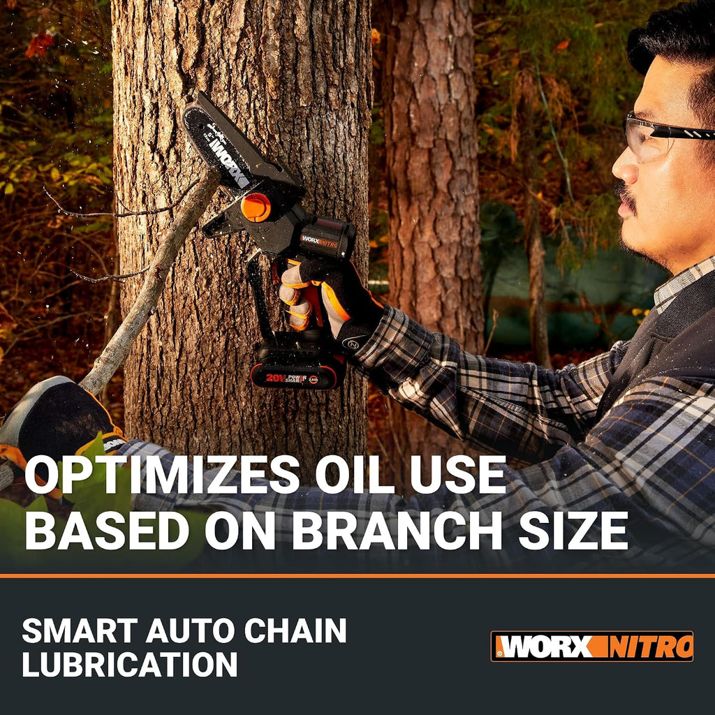 Worx Nitro 20V 5' Cordless Brushless Chainsaw 2.0 Ah Battery and Charger Included WG325