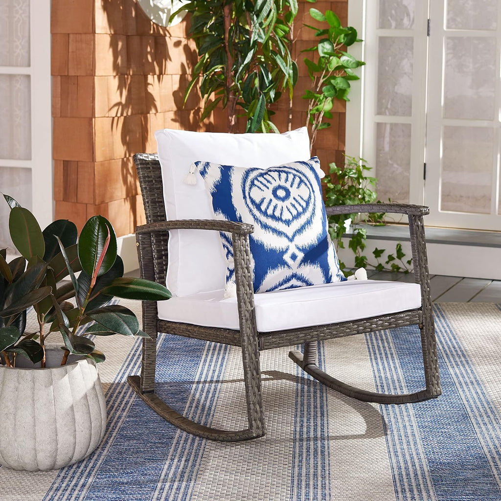 SAFAVIEH Outdoor - Daire Rocking Chair - Grey Brown & White - Steel Frame & Faux Rattan with Cushion - Open-Frame Design - Ideal for Patio, Deck, Porch, Backyard, 14.4' Seat Height (PAT7721C)