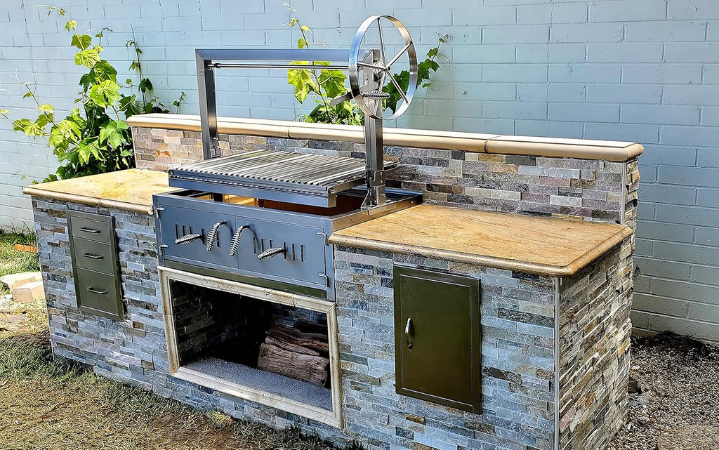 Built In/Table Top Charcoal Outdoor BBQ, Stainless Steel #430 Body and #304 Grates, Rotisserie Parrilla Santa Maria/Argentine Grill Spit