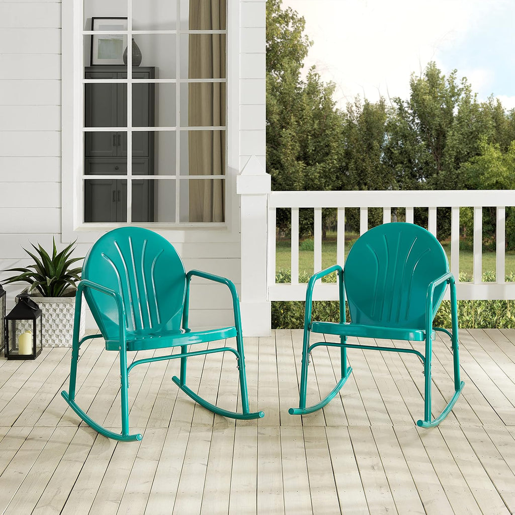 Crosley Furniture Griffith Retro Metal Outdoor Rocking Chairs, Set of 2, for Porch, Deck, Balcony, Backyard, Turquoise Gloss