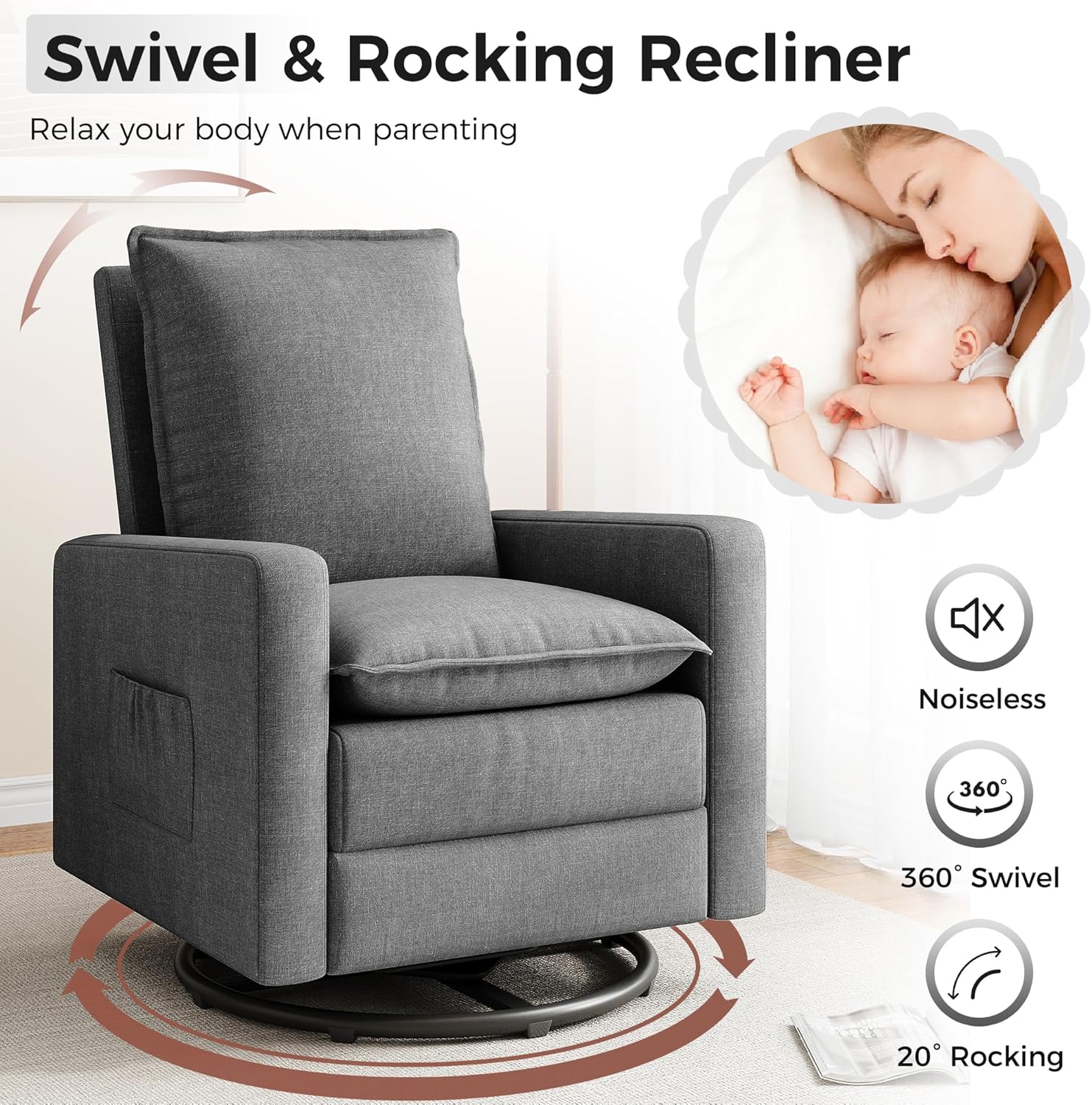 Amopatio Nursery Rocking Recliner, 360° Swivel Glider Chair with Adjustable Backrest, 20° Rocking Nursing Chair, High-Density Cushion Lounge Chair for Nursery Living Room Reading Rest(300 LBS)