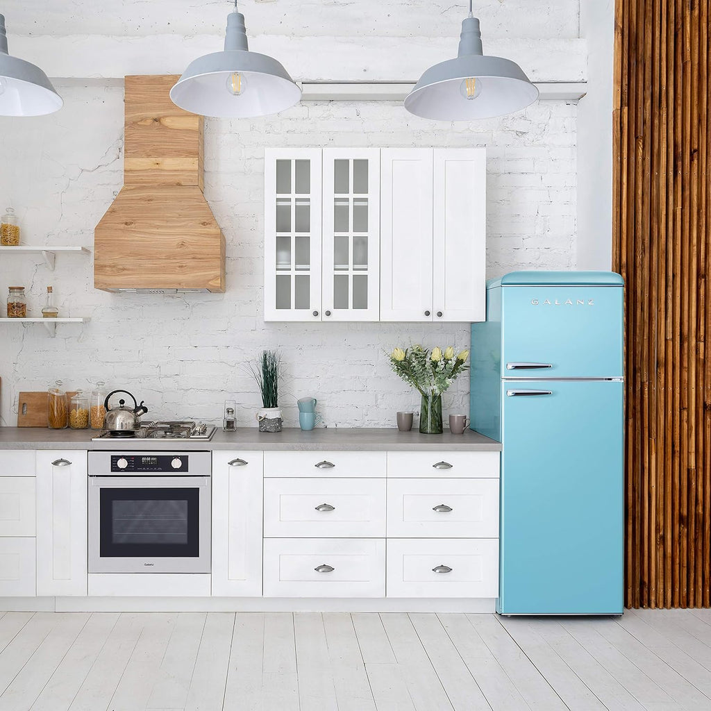 Galanz GLR12TBEEFR Refrigerator, Dual Door Fridge, Adjustable Electrical Thermostat Control with Top Mount Freezer Compartment, Retro Blue, 12.0 Cu Ft