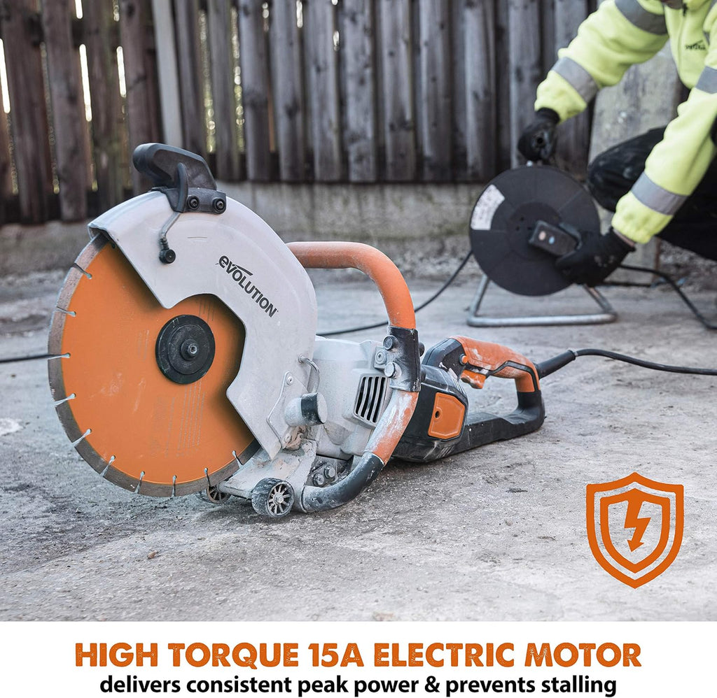 Evolution R12DCT 12 Inch Concrete Saw with Water Fed Dust Suppression (Aka Angle Grinder, Cut Off Saw, Masonry) Electric, No Gas, 4-1/2' Cut - Incl Premium Diamond Blade (Formerly R300DCT+)