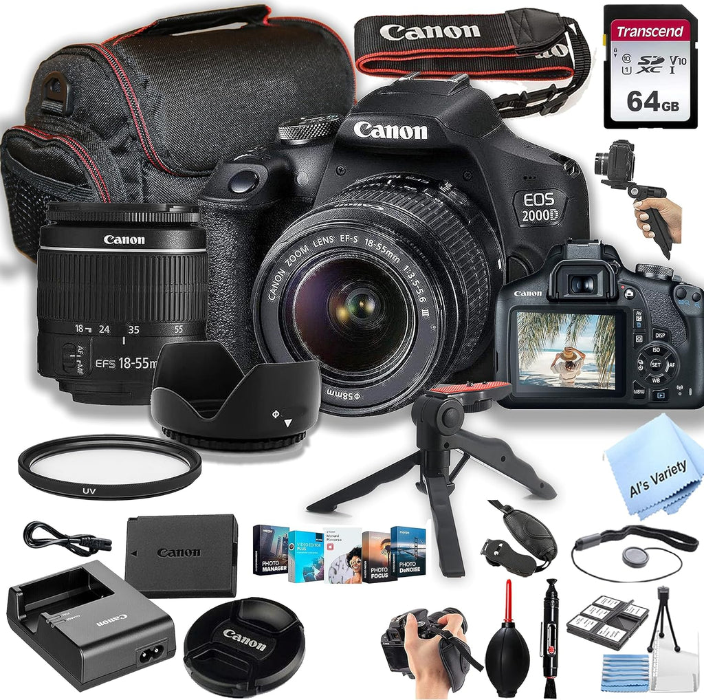 Canon EOS 2000D / Rebel T7 DSLR Camera w/EF-S 18-55mm F/3.5-5.6 Zoom Lens + 64GB Memory, Case, Gripster Tripodpod, and More (26pc Bundle) (Renewed)