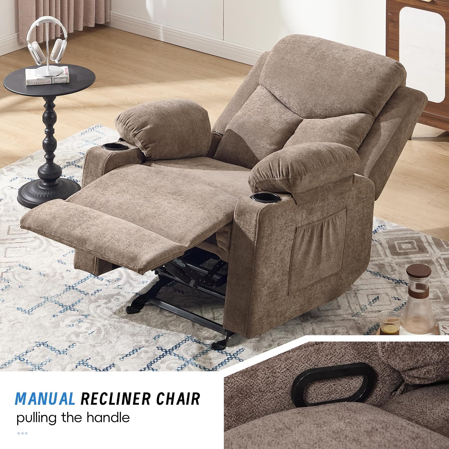 Manual Rocker Recliner Chair for Adults with Vibration Massage,Glider Rocking Recliner for Living Room Bedroom Nursery, Overstuffed Reclining Sofa Chair with Pockets and Cup Holds,Coffee