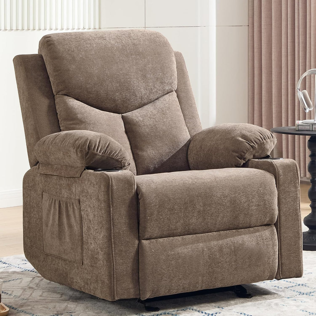 Manual Rocker Recliner Chair for Adults with Vibration Massage,Glider Rocking Recliner for Living Room Bedroom Nursery, Overstuffed Reclining Sofa Chair with Pockets and Cup Holds,Coffee