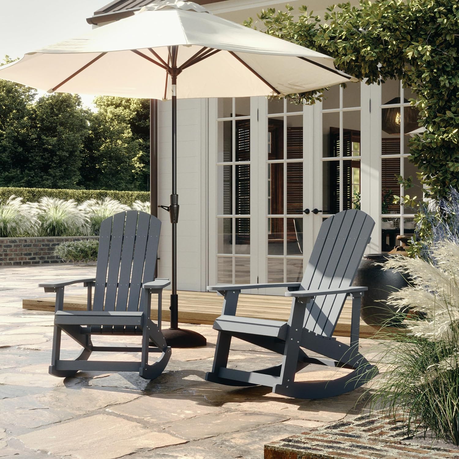 Flash Furniture Savannah All Weather Adirondack Rocking Chairs, Polyresin Wood Adirondack Chair with 350-lb. Static Weight Capacity, Set of 2, Gray