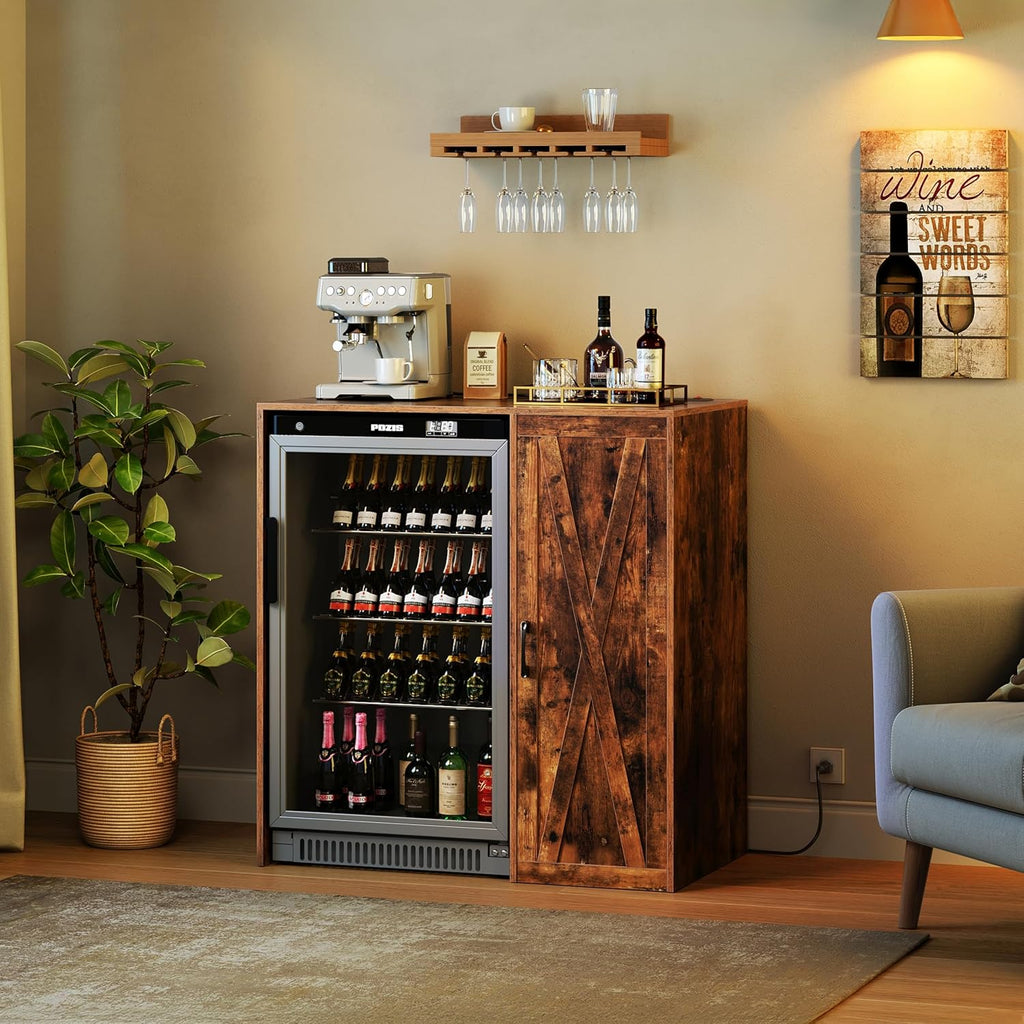 Herture Mini Fridge Cabinet with Storage, Coffee Bar Cabinet with Power Outlet, Fits 24' Wine Fridge, 3-Tier Organizer, Refrigerator Stand for Kitchen, Apartment, or Home Bar Brown KH01MRN