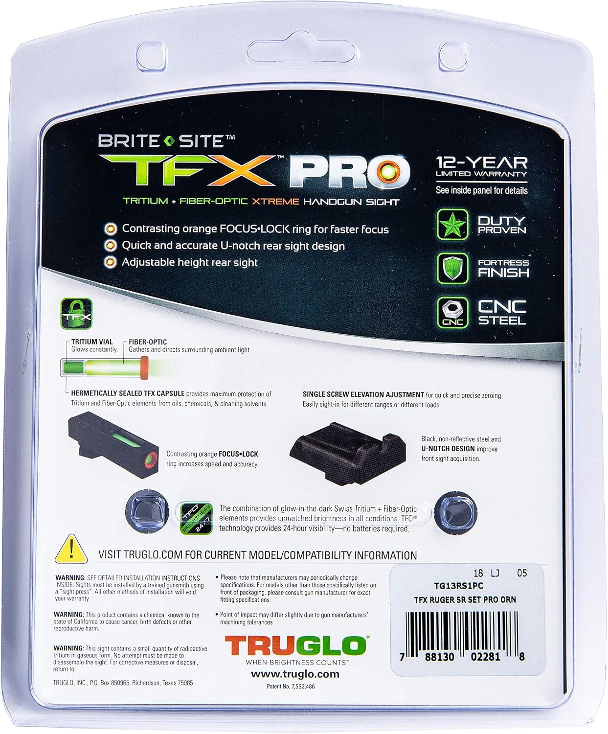 Truglo TFX PRO Handgun Sight, Glowing Shock Proof Tritium and Fiber Optic Night Sight for Handguns, Compact, Durable, and Snag Free Sight