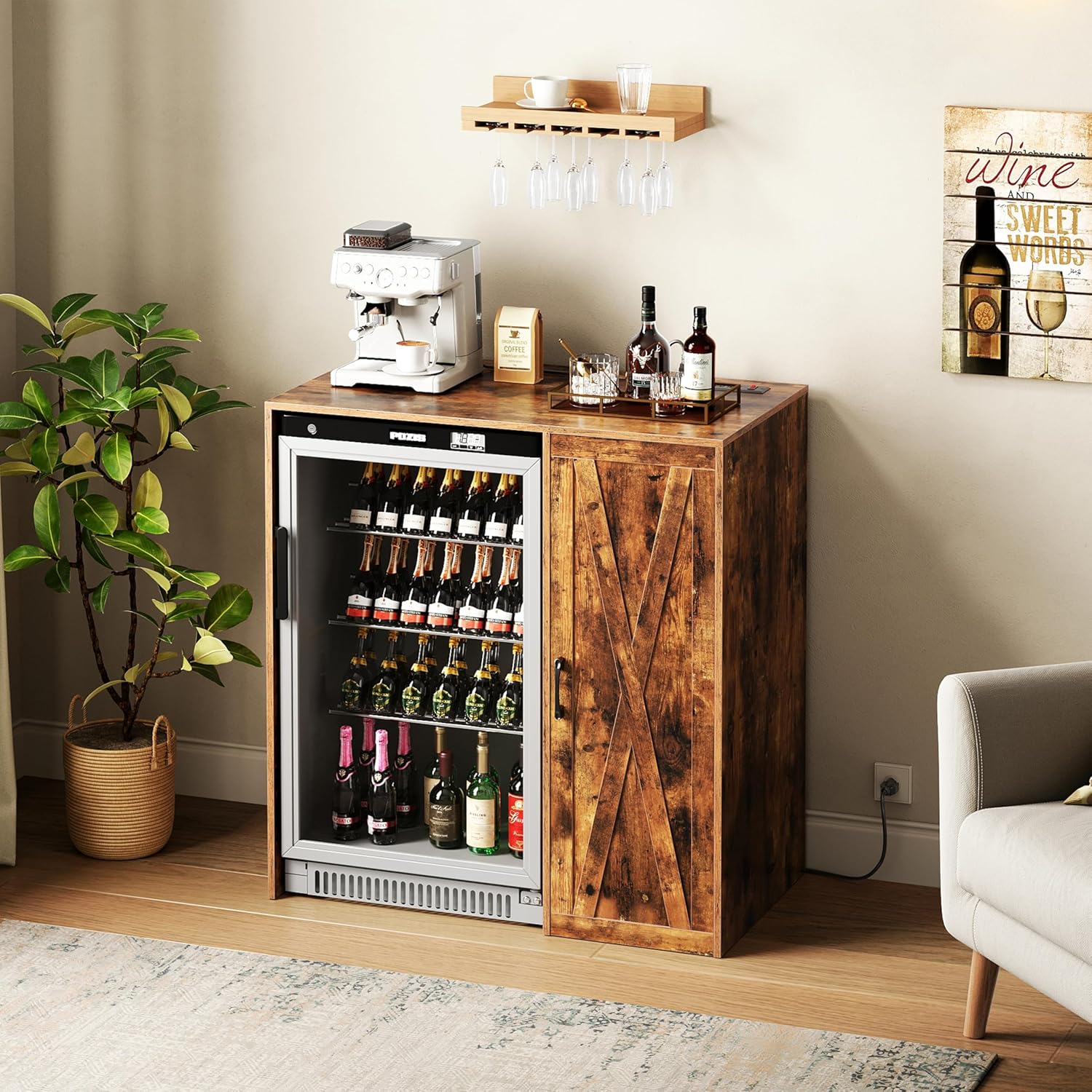 Herture Mini Fridge Cabinet with Storage, Coffee Bar Cabinet with Power Outlet, Fits 24' Wine Fridge, 3-Tier Organizer, Refrigerator Stand for Kitchen, Apartment, or Home Bar Brown KH01MRN