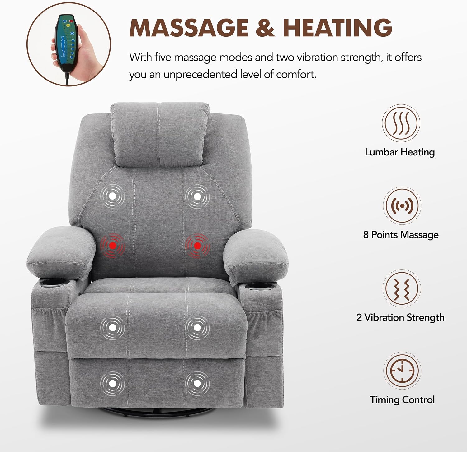 Weture Swivel Rocker Recliner Chair with Heat and Massage, Big Oversized Rocking Single Sofa for Living Room, 360 Degree Swivel Recliner Chair with Cup Holders and USB Port (Fabric, Grey)