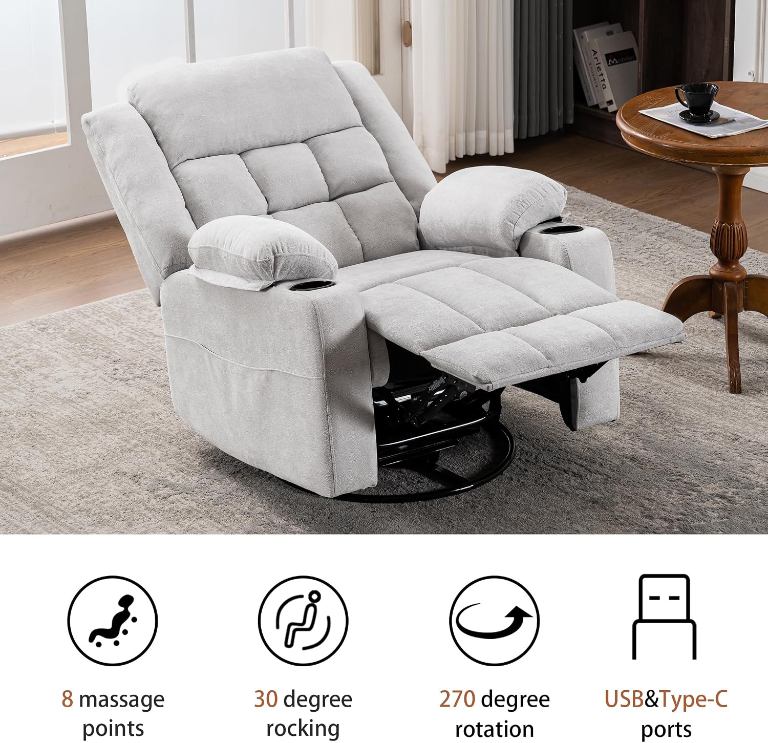 Ketaiyou Power Swivel Rocker Recliner Chair for Adults with Massage and Heat, USB and Type-C Ports, Infinite Position, Electric Glider Reclining Single Sofa Chair for Living Room (Light Grey)