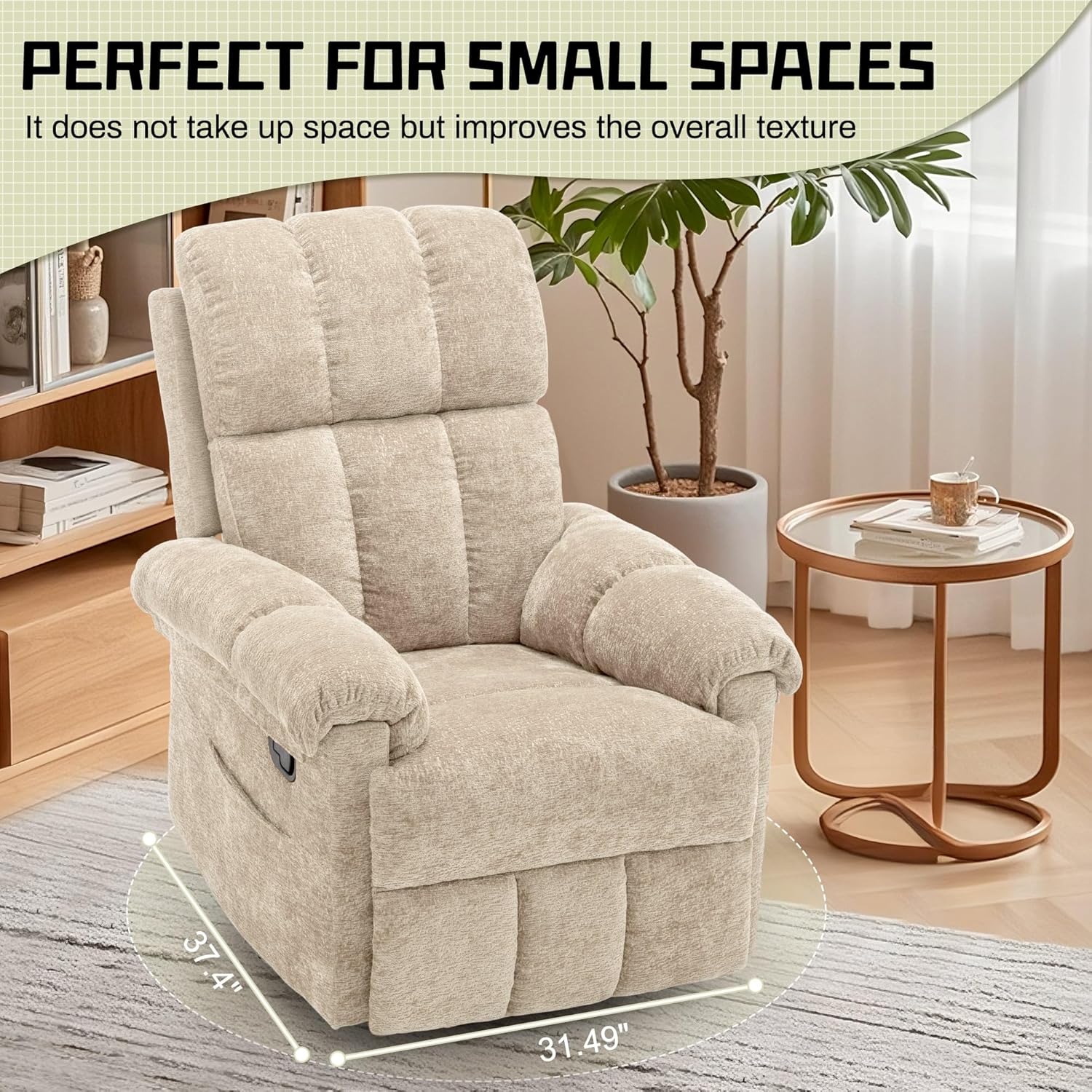 Korser Recliner Chair, Small Rocker Recliner Chair for Adults, Swivel Recliners for Small Spaces, Manual Recliner, Upholstered Nursery Rocking Chair for Living Room, Chenille, Khaki