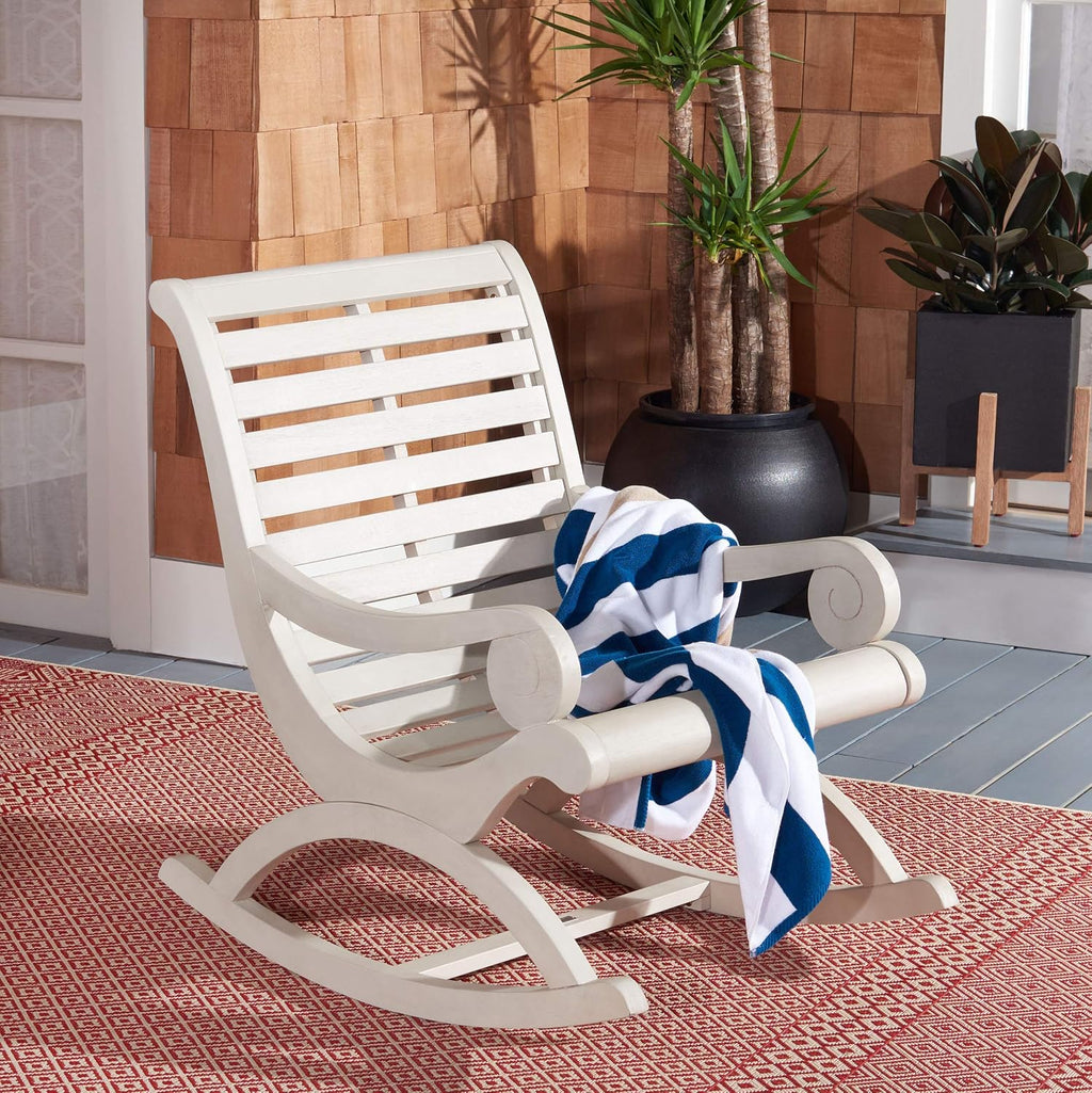 SAFAVIEH Outdoor - Sonora Rocking Chair - White Washed - Solid Wood - Transitional British Slatted Design - Ideal for Patio, Deck, Porch, Backyard, 17.7' Seat Height (PAT7016C)