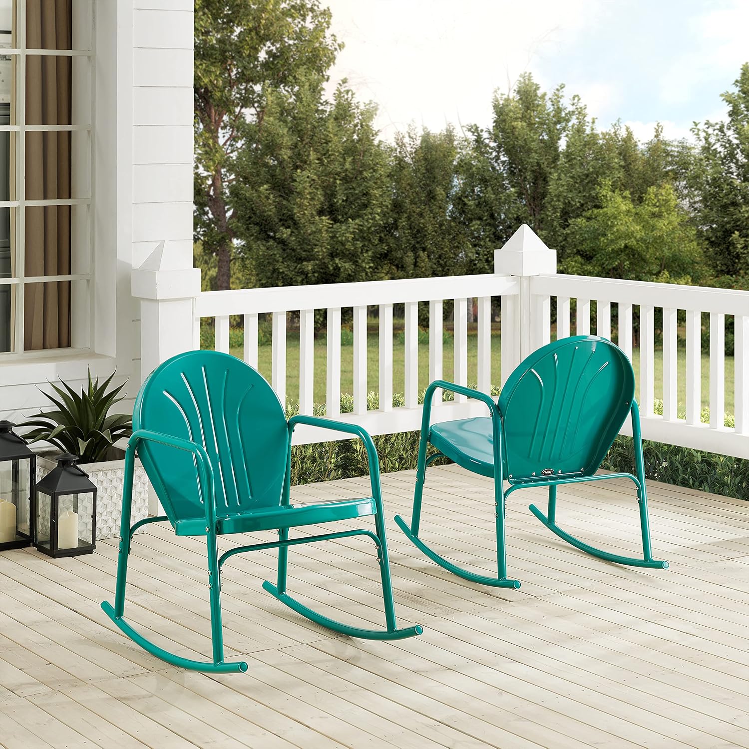 Crosley Furniture Griffith Retro Metal Outdoor Rocking Chairs, Set of 2, for Porch, Deck, Balcony, Backyard, Turquoise Gloss