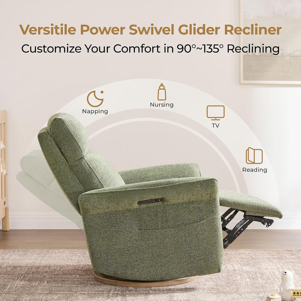 CHITA Power Recliner Chair, Electric Triple-Motor Swivel Glider Nursery Rocking Chair with Adjustable Power Headrest and Lumbar Support, GREENGARD Gold Certified, Solid Wood Base, Forest Green