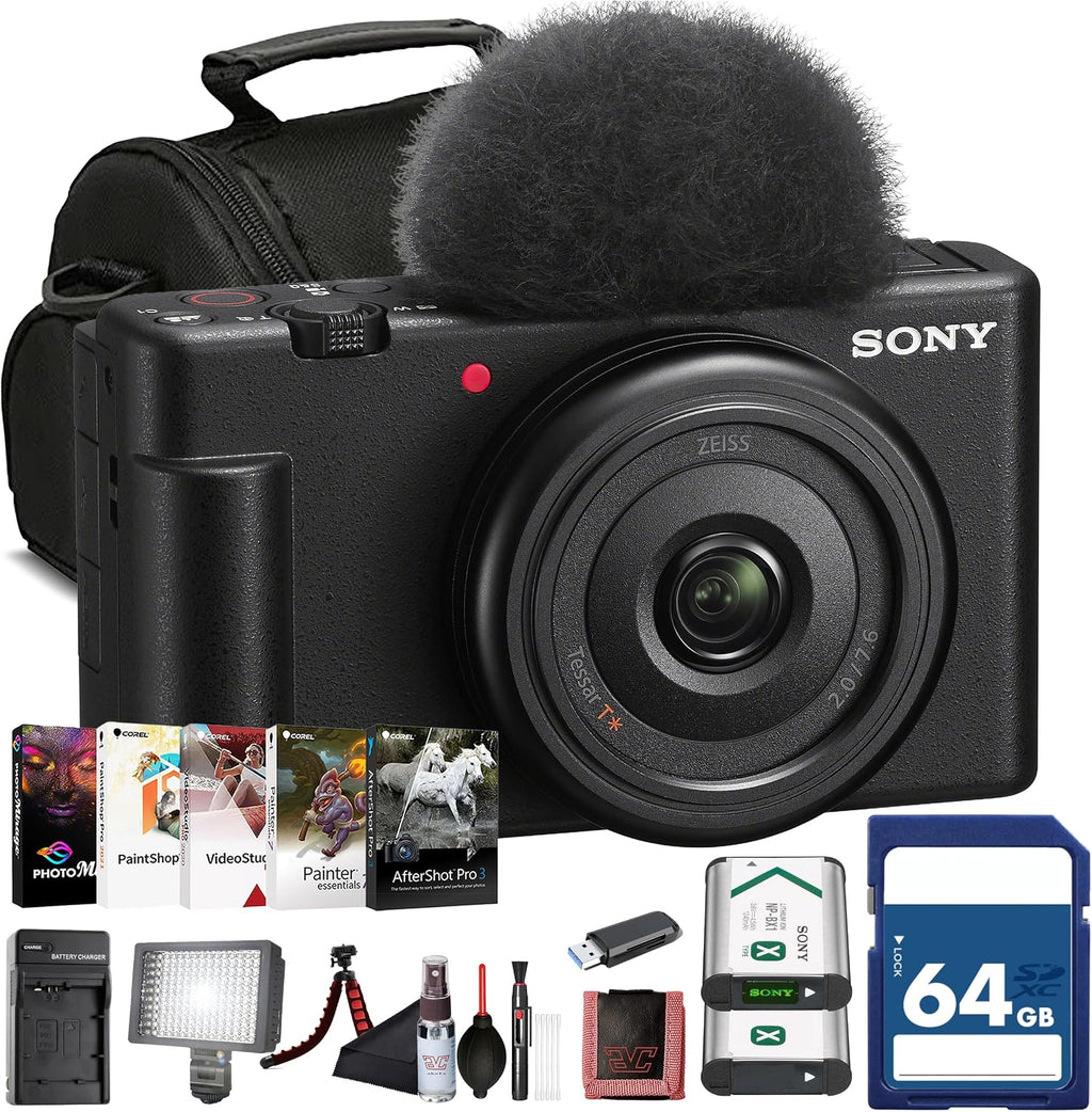 Sony ZV-1F Vlogging Camera (Black) 20.1 MP 1' Sensor | Ultra-Wide 20mm Lens |4K Video | Compact Creator Kit with Case, 64GB Card, NP-BX1 Battery, Card Reader, Photo Software, HDMI Cable and More