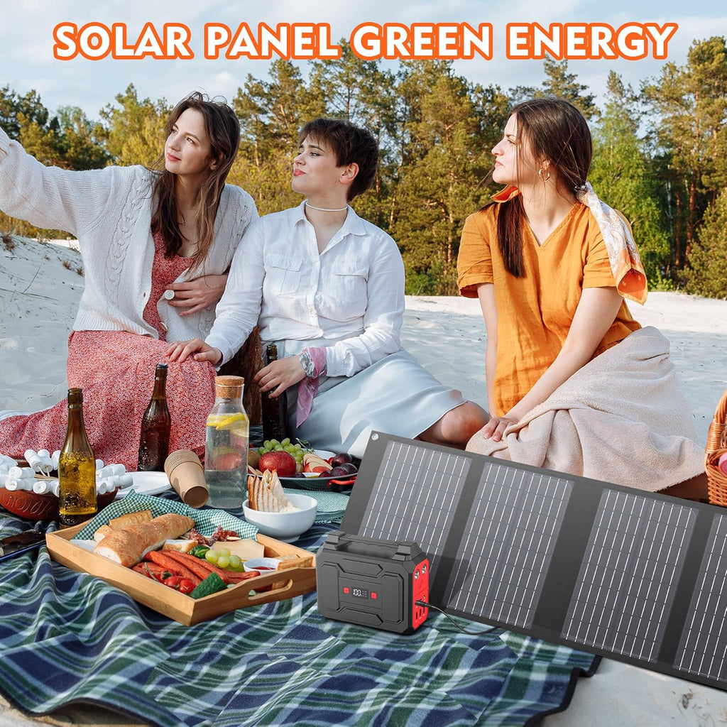 Solar Powered Generator 200W Peak/100W Rated, Portable Generator Power Station with Solar Panels 40W Included, 146Wh Solar Power Bank with AC Outlet 110V for Home Use Camping Outdoor Adventure