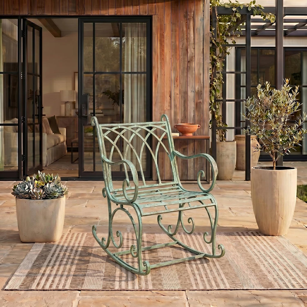 SAFAVIEH Outdoor - Medrano Iron Rocking Chair - Antique Dark Green Iron Metal - Vintage Ornate Scrollwork Design - Ideal for Patio, Deck, Porch, Garden, 15' Seat Height (PAT5030D)