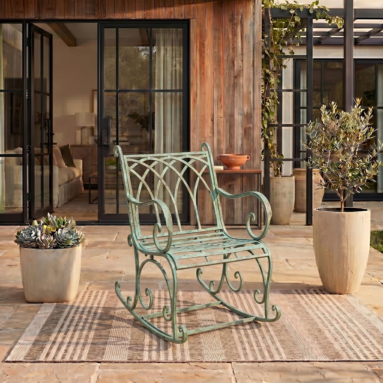 SAFAVIEH Outdoor - Medrano Iron Rocking Chair - Antique Dark Green Iron Metal - Vintage Ornate Scrollwork Design - Ideal for Patio, Deck, Porch, Garden, 15' Seat Height (PAT5030D)