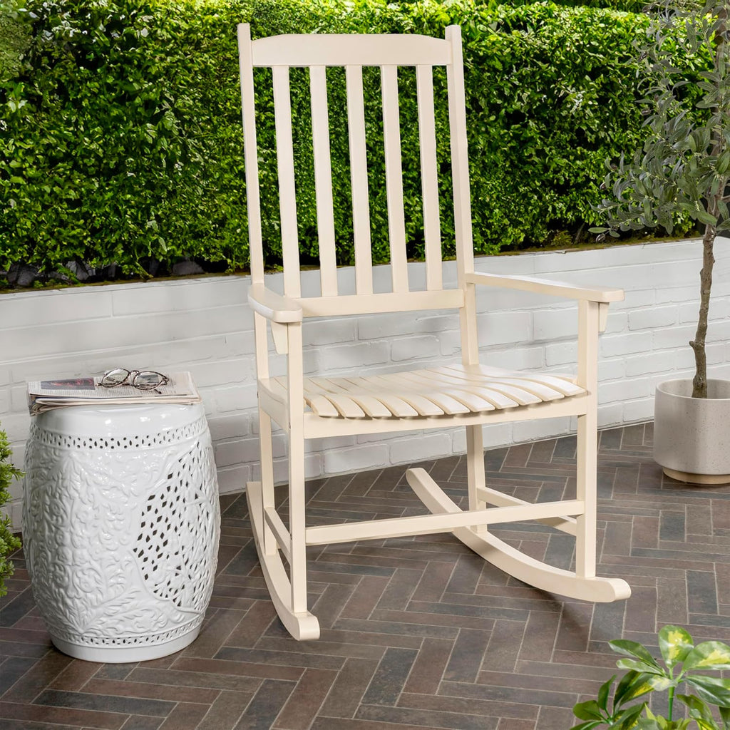 JONATHAN Y RCK300D Seagrove Farmhouse Classic Slat-Back 350-LBS Support Acacia Wood Outdoor Rocking Chair Traditional, Coastal, Cottage, Vintage, Shabby Chic, Almond
