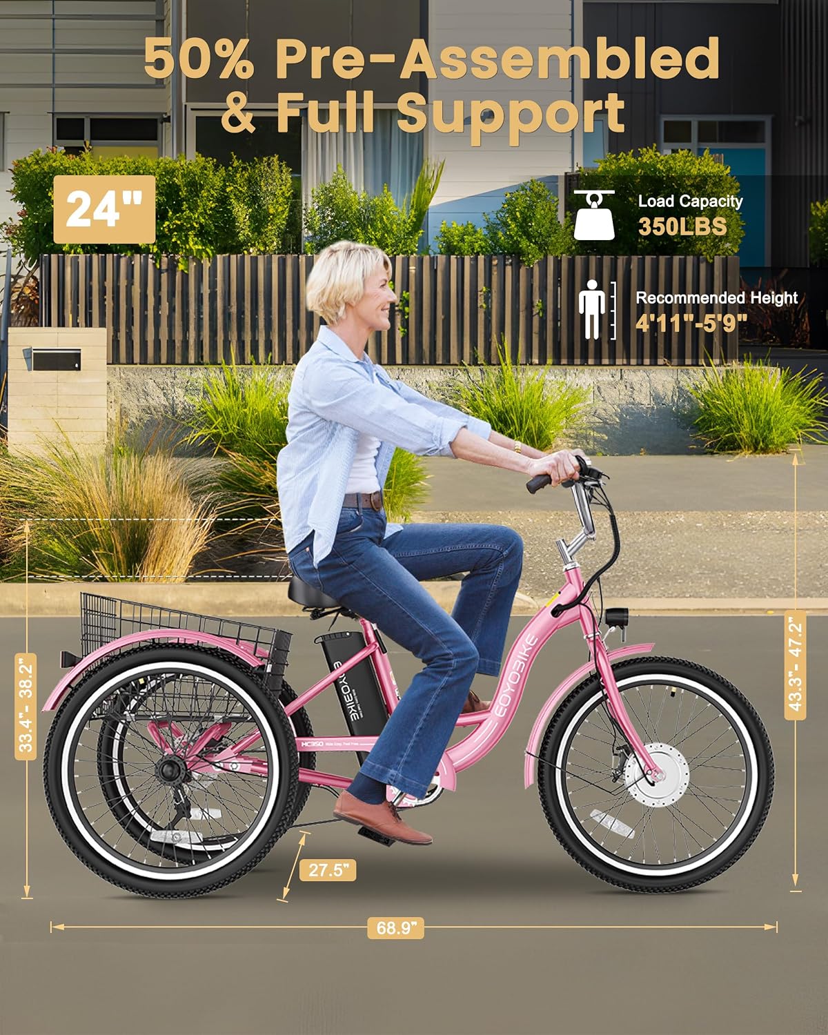 MOONCOOL Electric Tricycle for Adults, 350W 36V Removable Battery, 7 Speeds 3 Wheels Electric Trikes with Large Basket Up to 60Miles