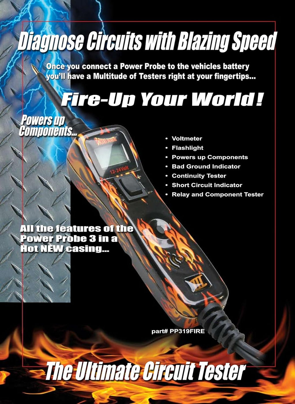 Power Probe III w/Case & Accessories - (PP319FTC) [Car Automotive Diagnostic Test Tool, Digital Volt Meter, AC/DC Current Resistance, Circuit Tester] (Fire - Limited Edition)