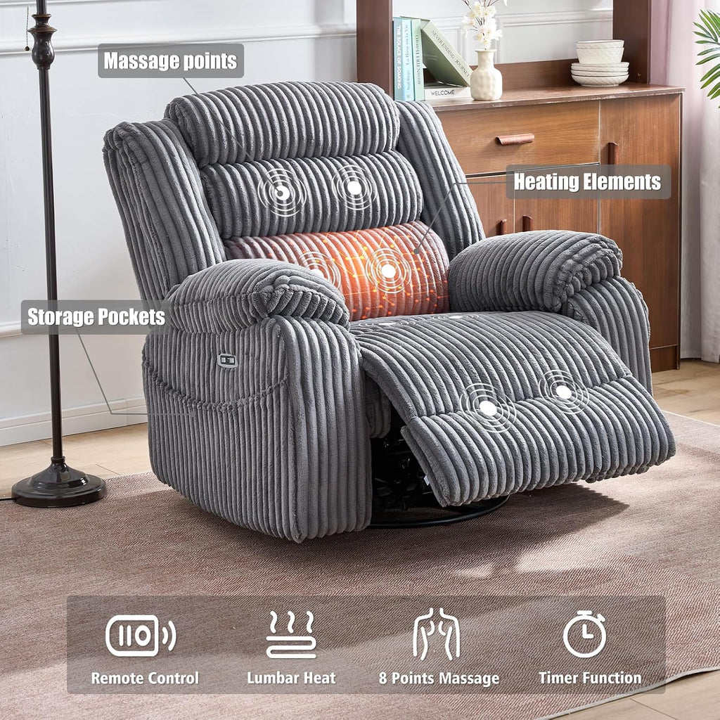 SINCRUMI Power Swivel Rocker Recliner Chair for Adults with Massgae and Heat, USB and Type-C Charging Port, Infinite Position, Electric Glider Rocking Chairs for Living Room, Nursery, Grey