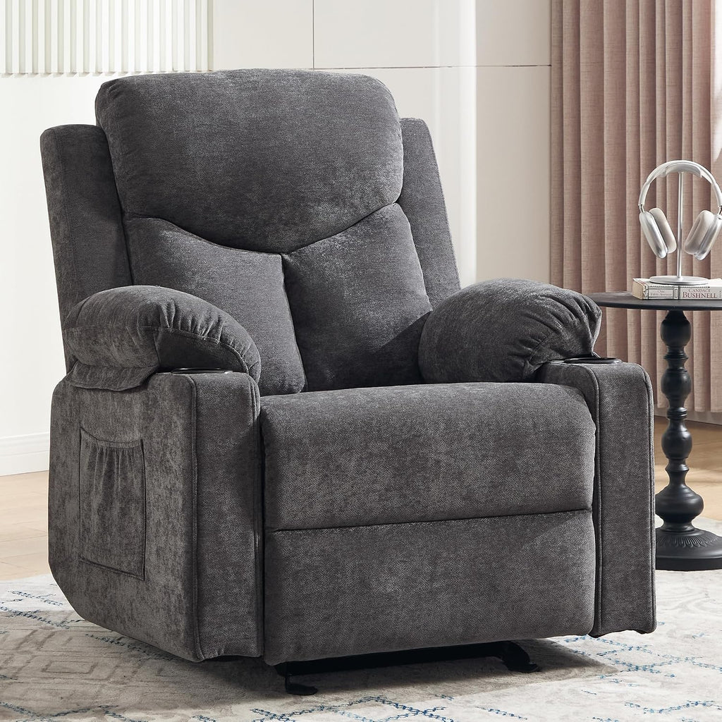 Manual Rocker Recliner Chair for Adults with Vibration Massage,Glider Rocking Recliner for Living Room Bedroom Nursery, Overstuffed Reclining Sofa Chair with Pockets and Cup Holds,Dark Grey