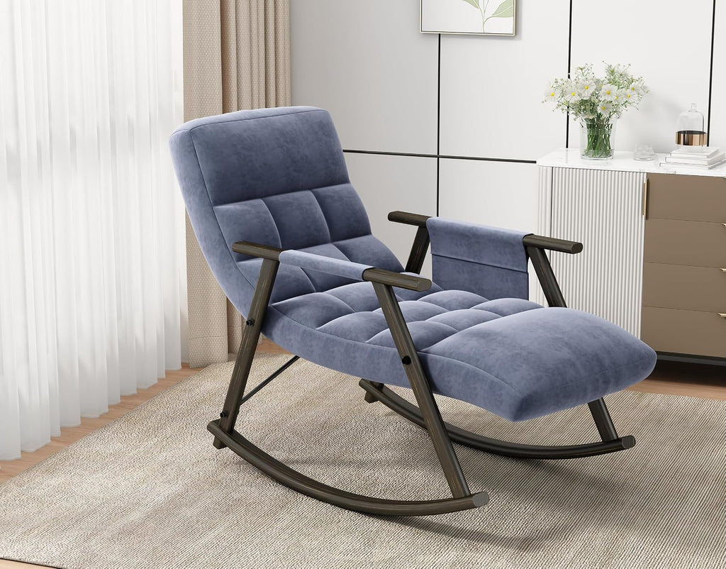 LUMISOL Modern Blue Velvet High Back Recliner Rocking Chair with Adjustable Footrest, Side Pockets, Indoor Use, Adult Size, 42.2'L x 23.3'W x 34.7'H, 300 lbs Capacity