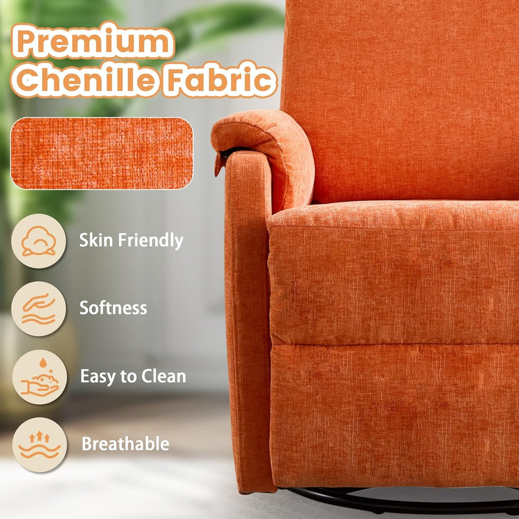 Korser Recliner Chair, Swivel Rocking Recliner Chair for Adults, Glider Rocking Chair, Small Nursery Chair Recliner for Living Room, Reclining Chair with Modern-Designed Armrests, Chenille, Orange